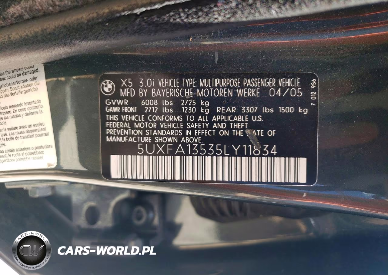 2005 BMW X5 3.0I VIN:5UXFA13535LY11834 - 13