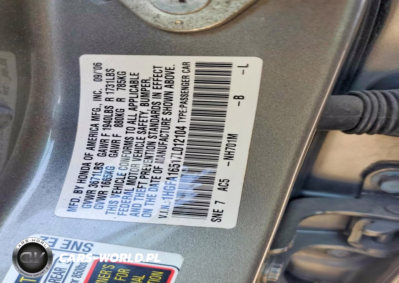 2007 Honda Civic Lx VIN:1HGFA16517L012104 - 12