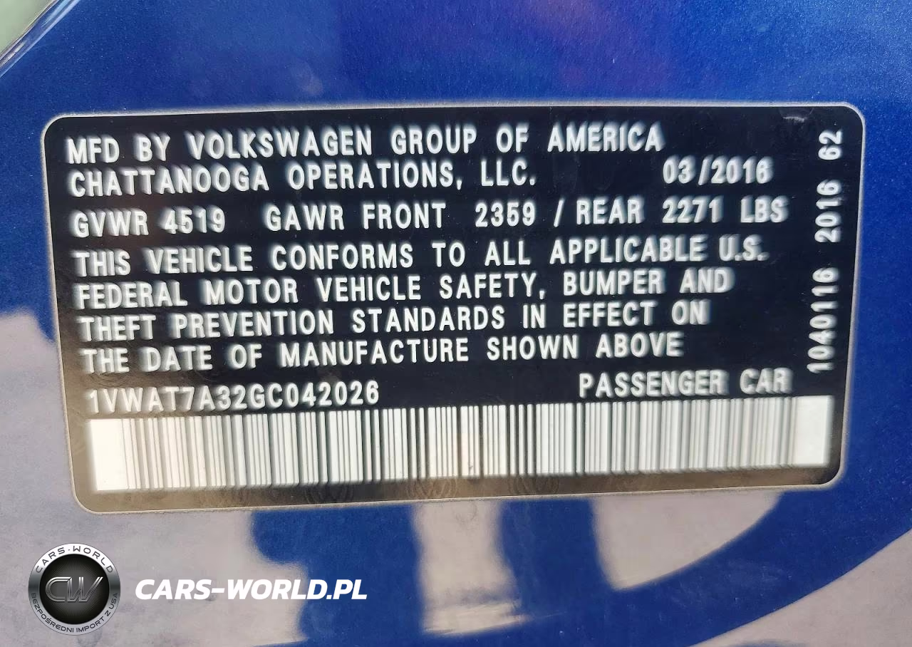 2016 Volkswagen Passat S VIN:1VWAT7A32GC042026 - 12