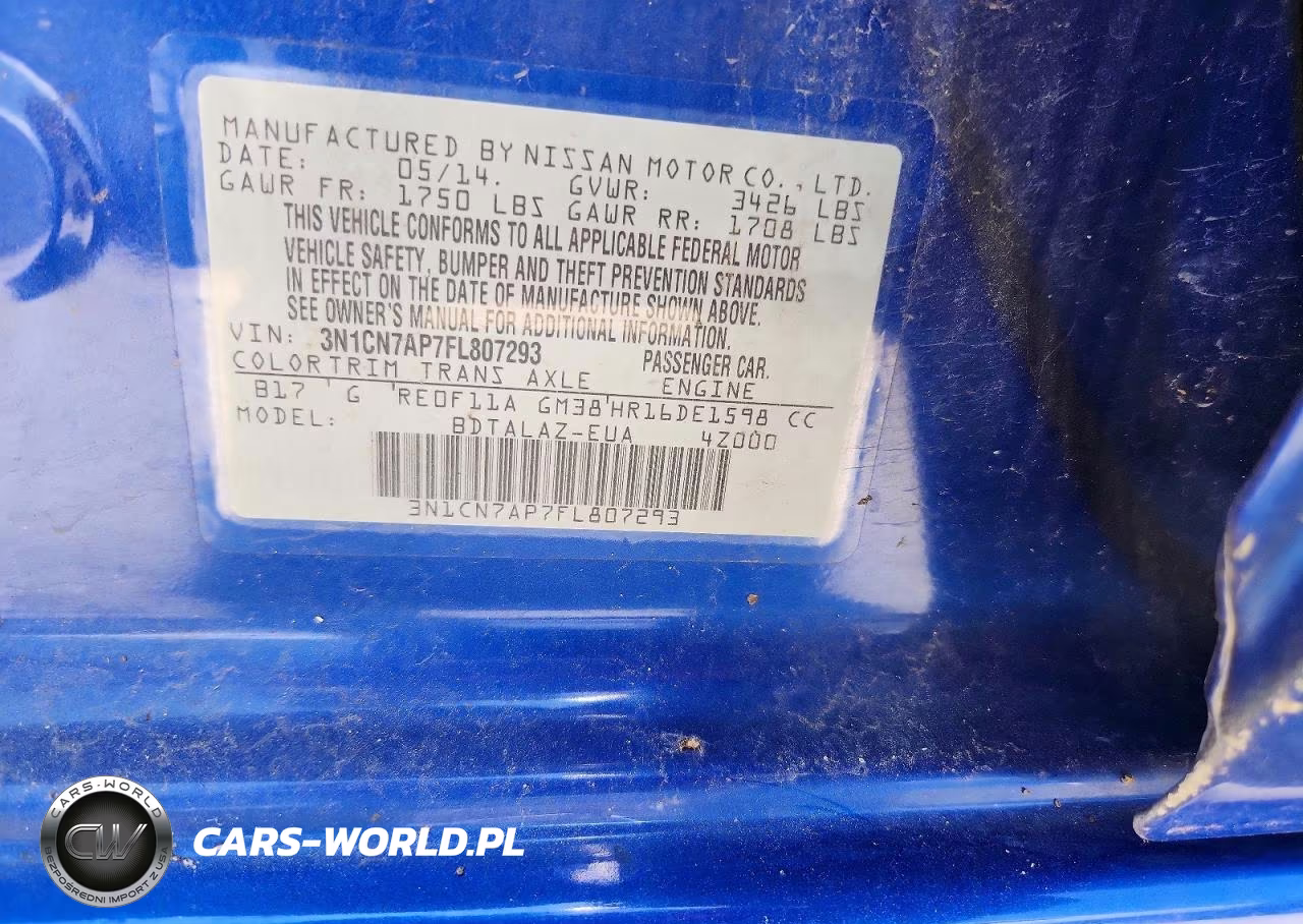 2015 Nissan Versa 1.6 S Plus VIN:3N1CN7AP7FL807293 - 12