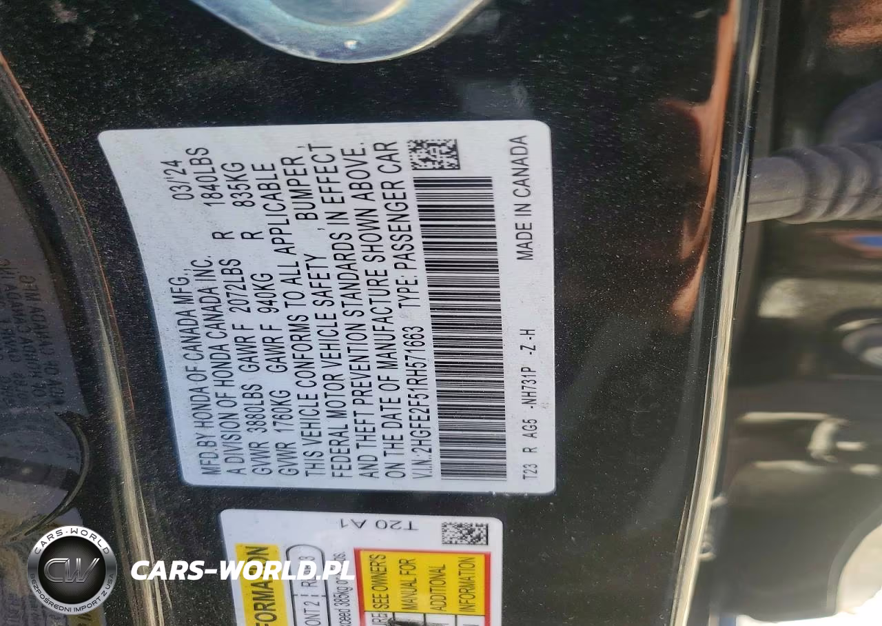 2024 Honda Civic Sport VIN:2HGFE2F51RH571663 - 12
