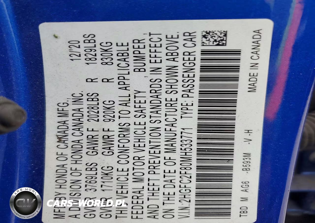 2021 Honda Civic Sport VIN:2HGFC2F80MH533771 - 12