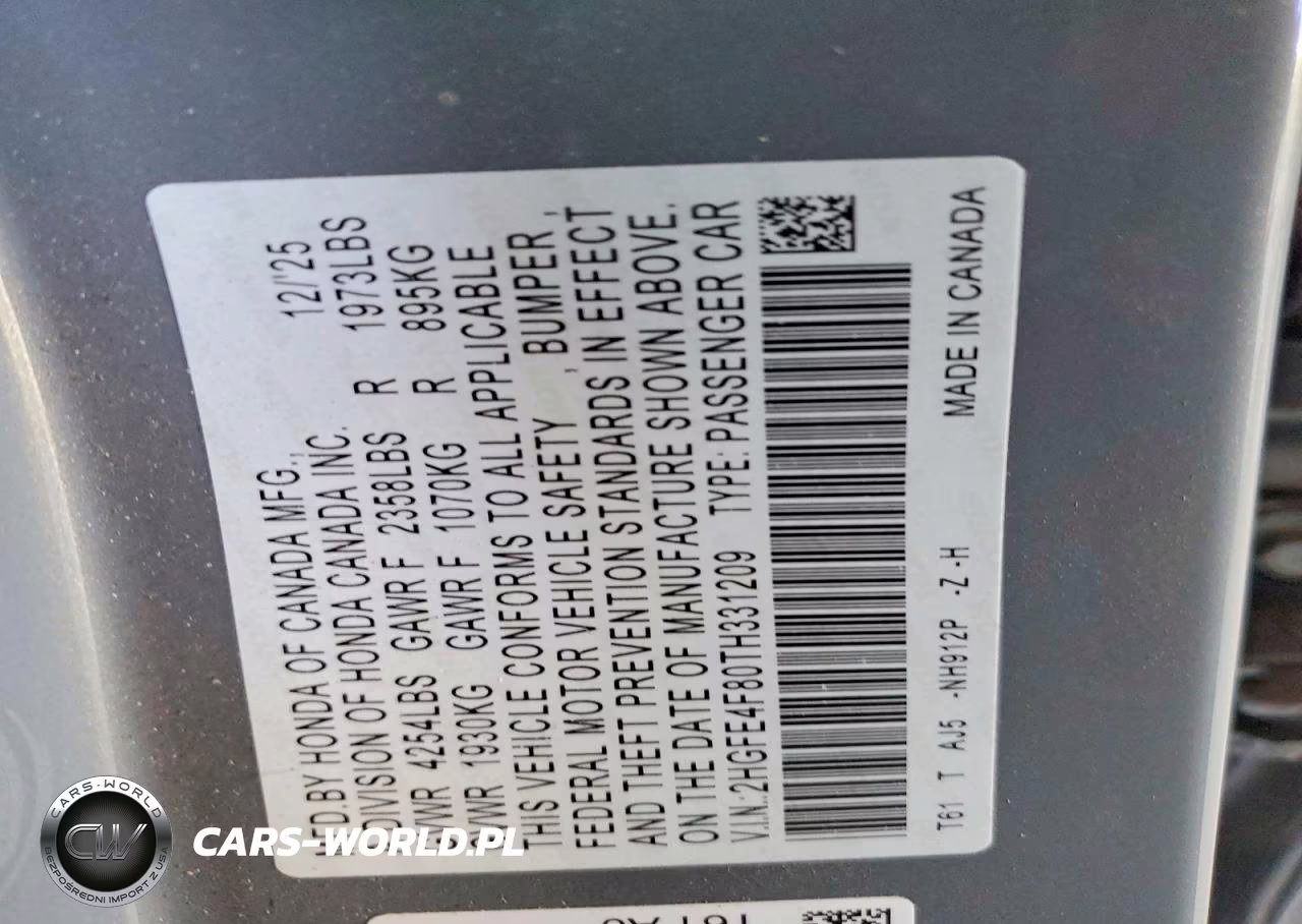 2026 Honda Civic Sport VIN:2HGFE4F80TH331209 - 12