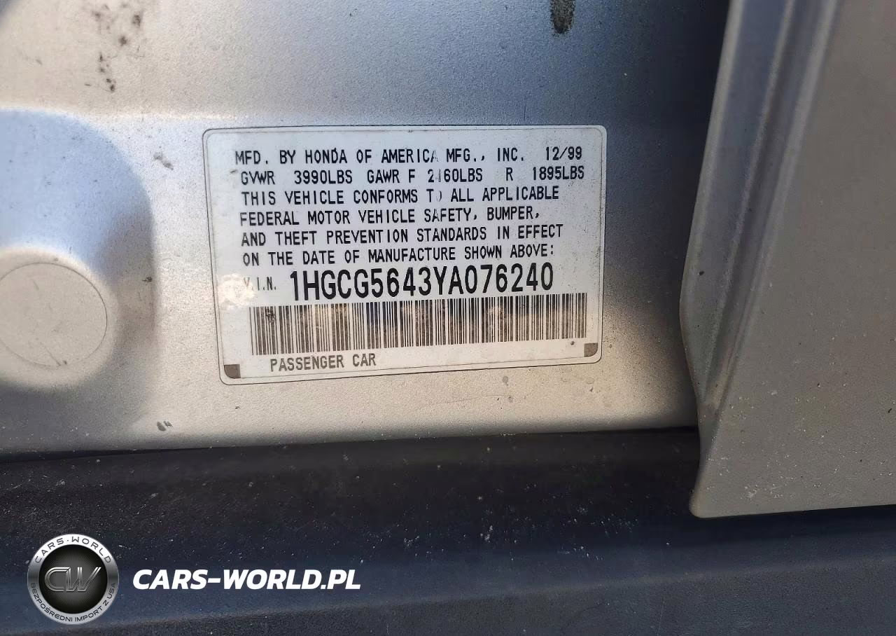 2000 Honda Accord Lx VIN:1HGCG5643YA076240 - 12