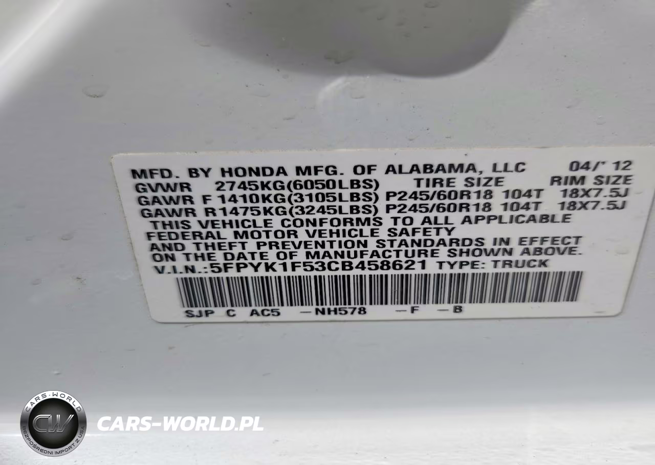 2012 Honda Ridgeline Rtl VIN:5FPYK1F53CB458621 - 12