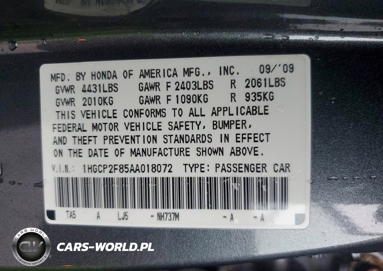 2010 Honda Accord Exl VIN:1HGCP2F85AA018072 - 12