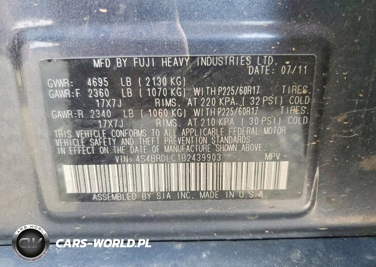 2011 Subaru Outback 3.6R Limited VIN:4S4BRDLC1B2439903 - 12