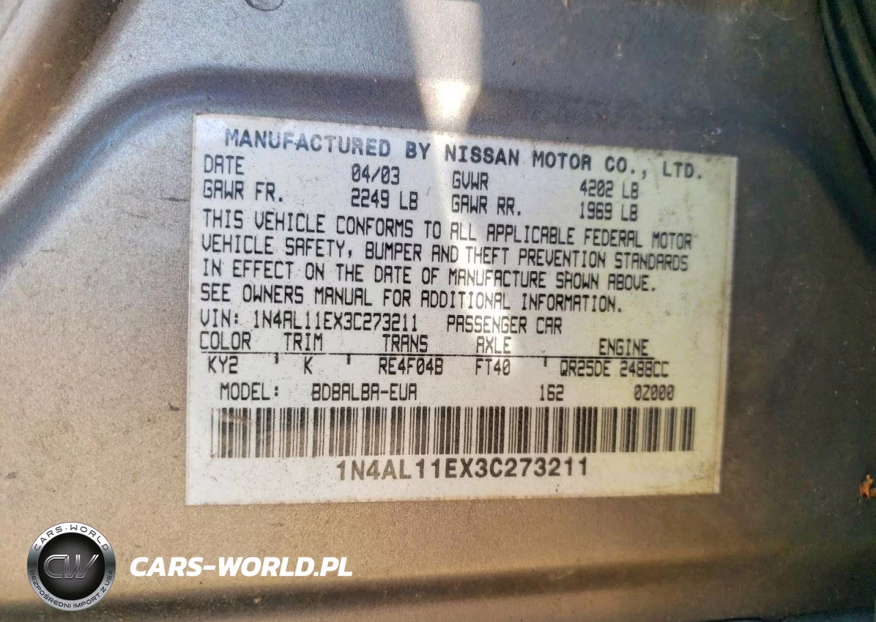 2003 Nissan Altima 2.5 S VIN:1N4AL11EX3C273211 - 12