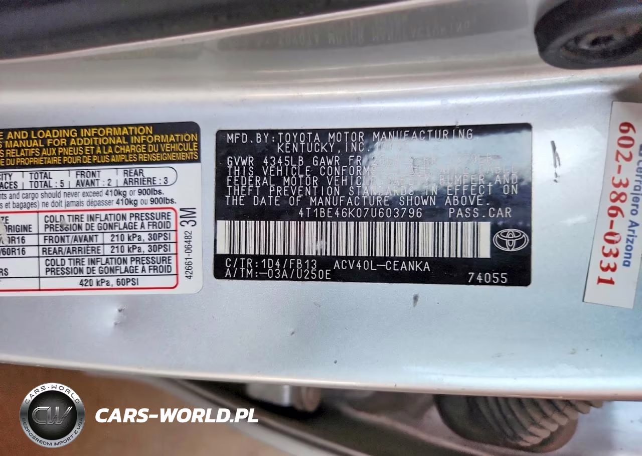 2007 Toyota Camry Le VIN:4T1BE46K07U603796 - 12