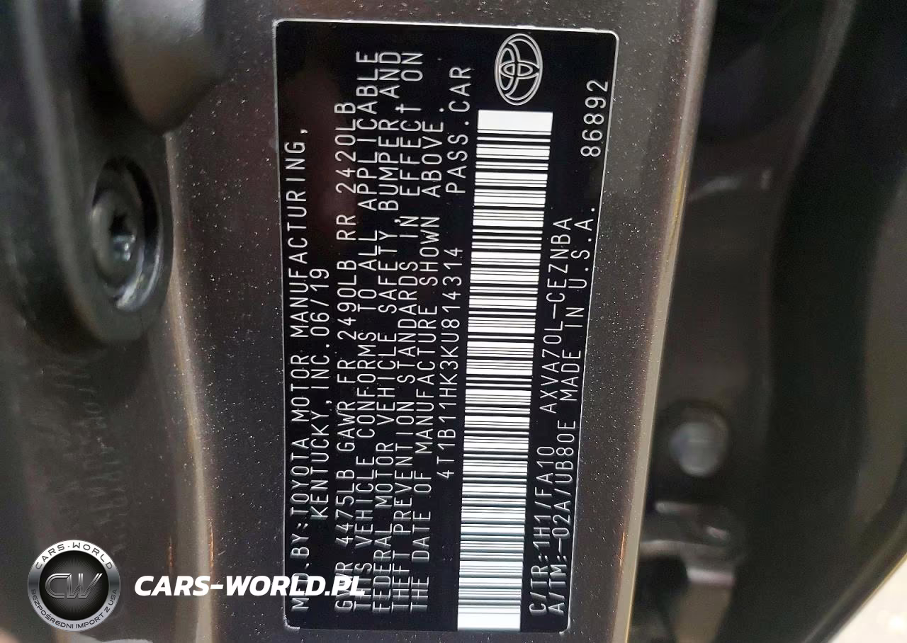 2019 Toyota Camry Le VIN:4T1B11HK3KU814314 - 12