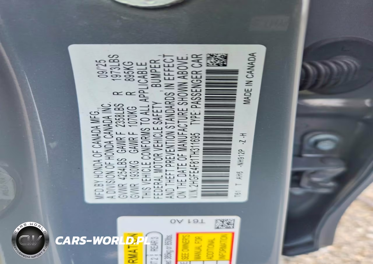 2026 Honda Civic Sport VIN:2HGFE4F81TH311695 - 12