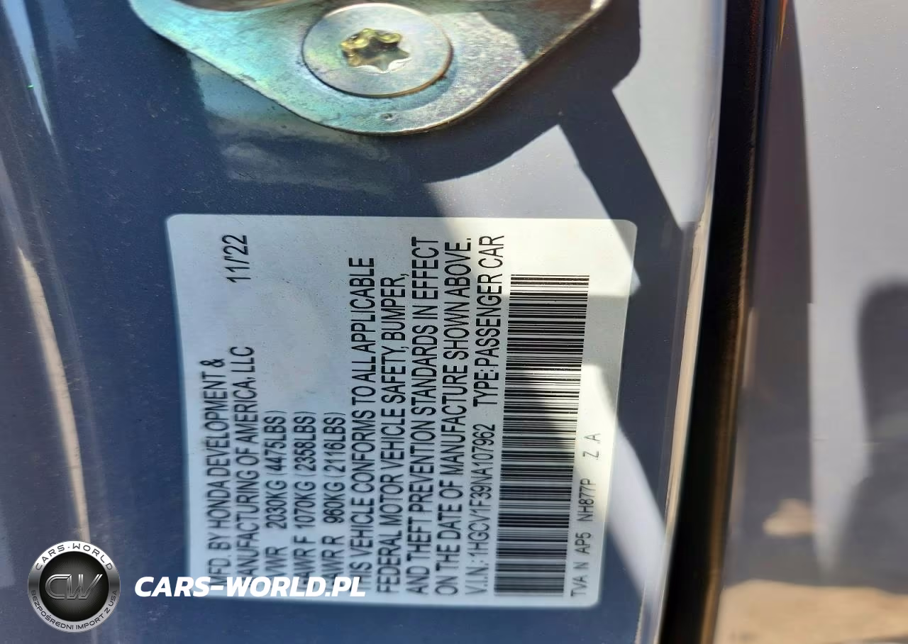 2022 Honda Accord Sport VIN:1HGCV1F39NA107962 - 13