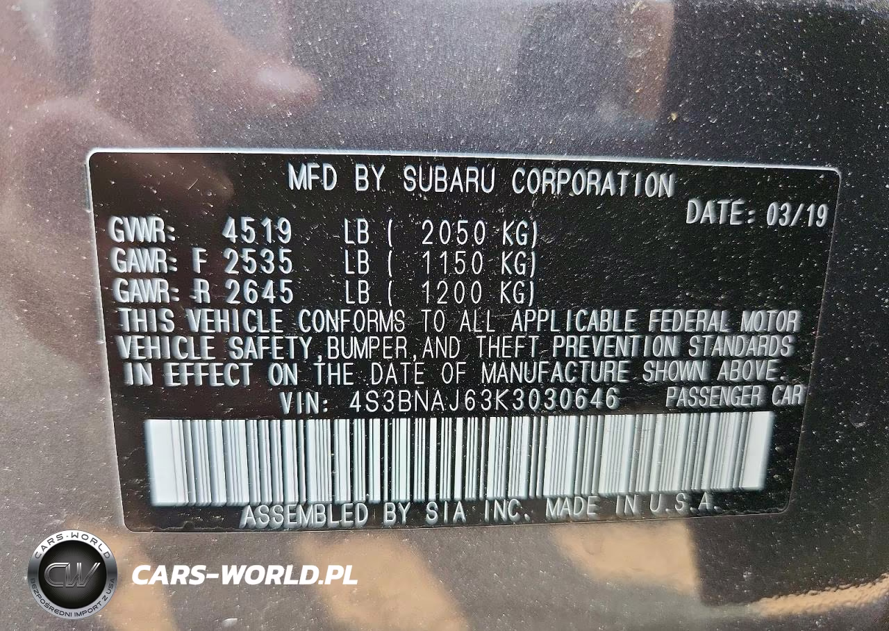 2019 Subaru Legacy 2.5I Limited VIN:4S3BNAJ63K3030646 - 12