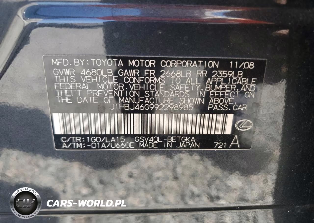 2009 Lexus Es 350 VIN:JTHBJ46G992298985 - 12