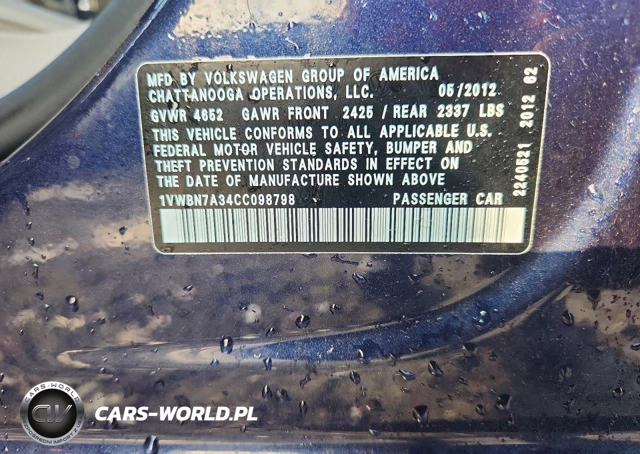 2012 Volkswagen Passat Se VIN:1VWBN7A34CC098798 - 13