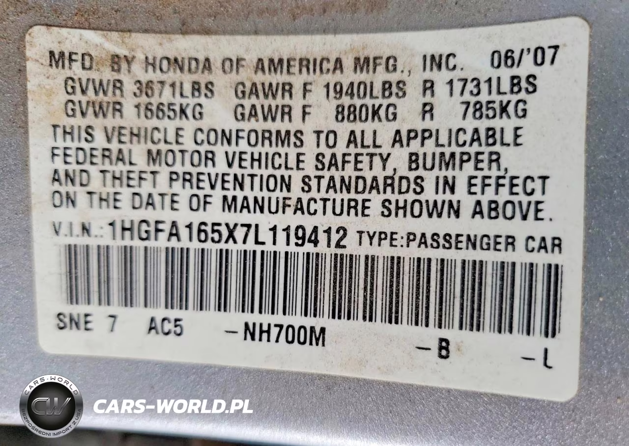 2007 Honda Civic Lx VIN:1HGFA165X7L119412 - 12