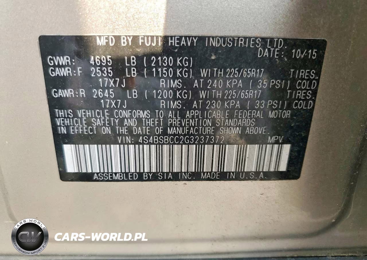 2016 Subaru Outback 2.5I Premium VIN:4S4BSBCC2G3237372 - 12