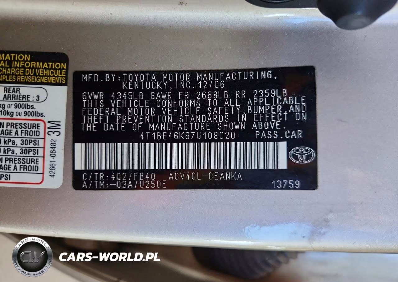 2007 Toyota Camry Le VIN:4T1BE46K67U108020 - 12
