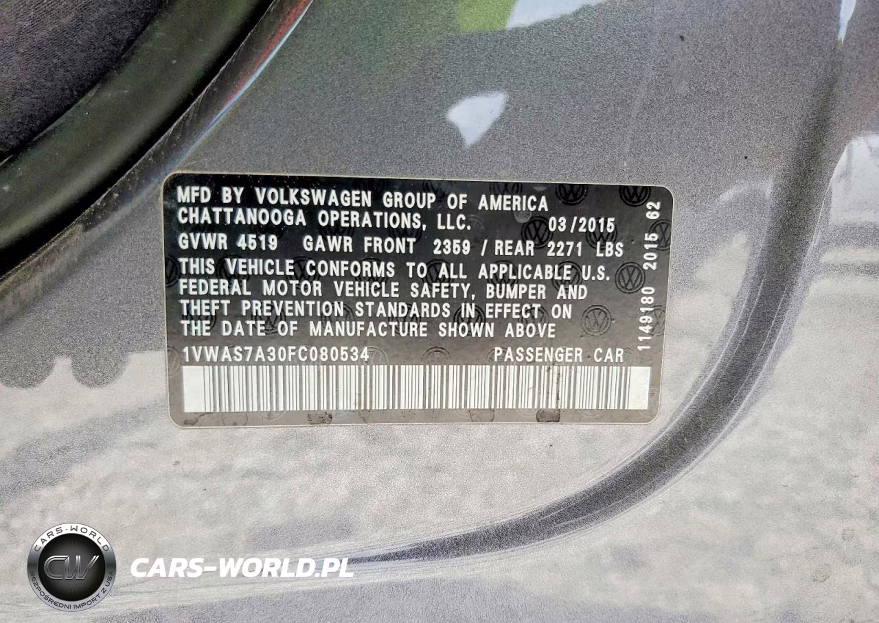 2015 Volkswagen Passat S VIN:1VWAS7A30FC080534 - 13