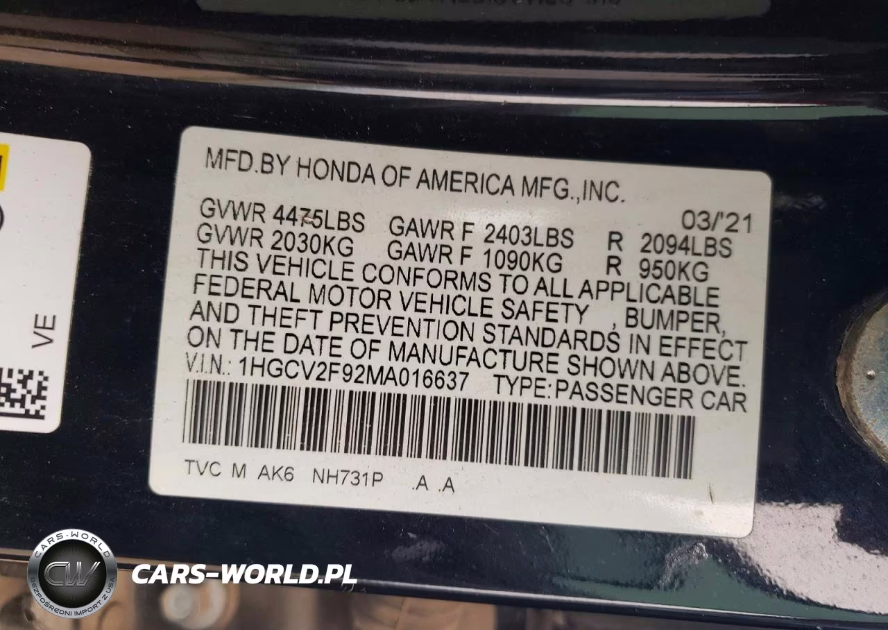 2021 Honda Accord Touring VIN:1HGCV2F92MA016637 - 12