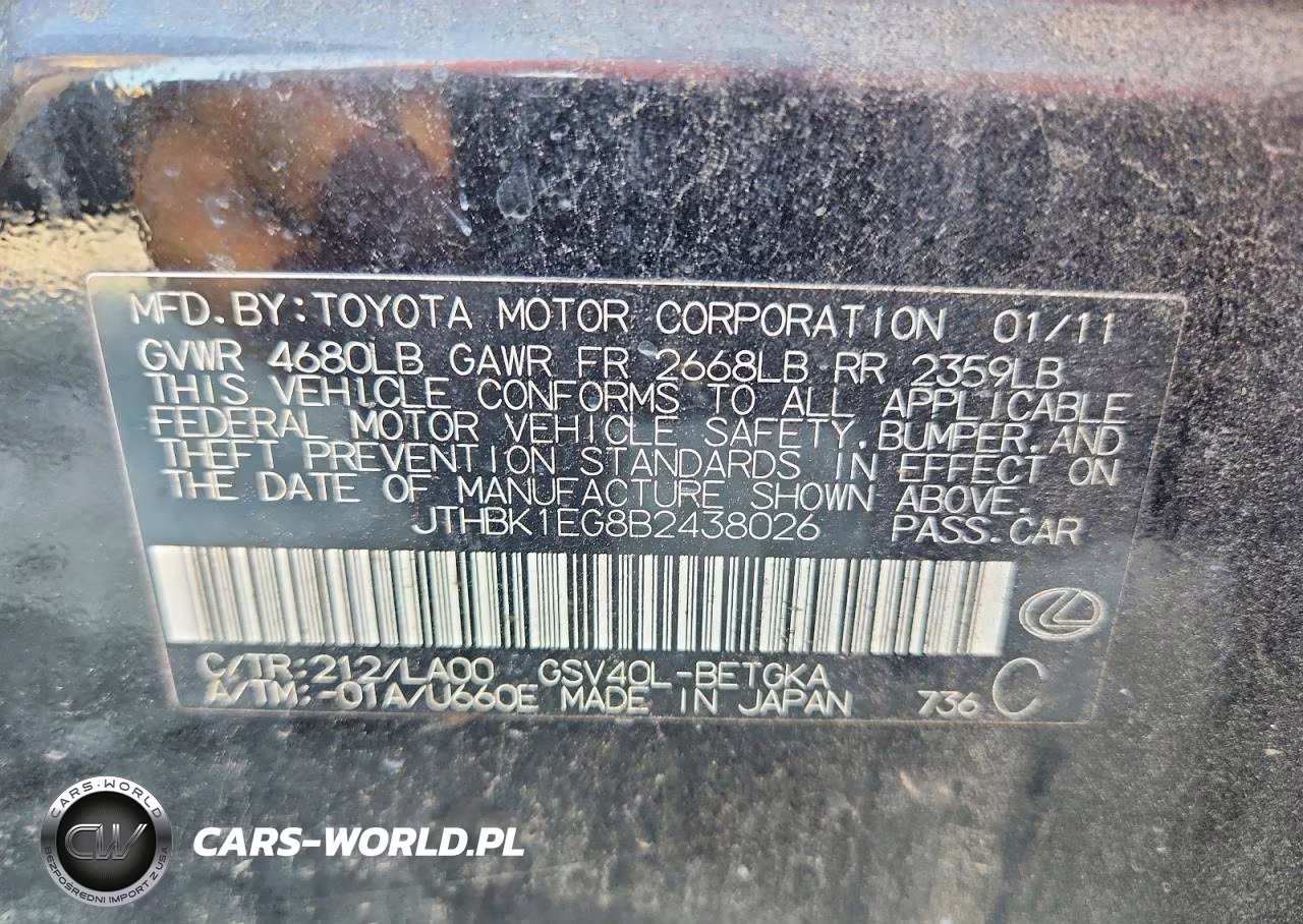 2011 Lexus Es 350 VIN:JTHBK1EG8B2438026 - 12