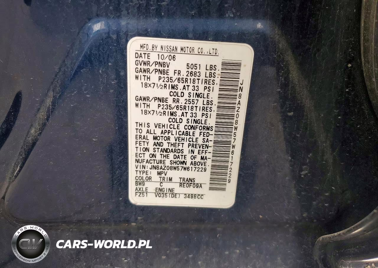 2007 Nissan Murano S VIN:JN8AZ08W57W617229 - 13