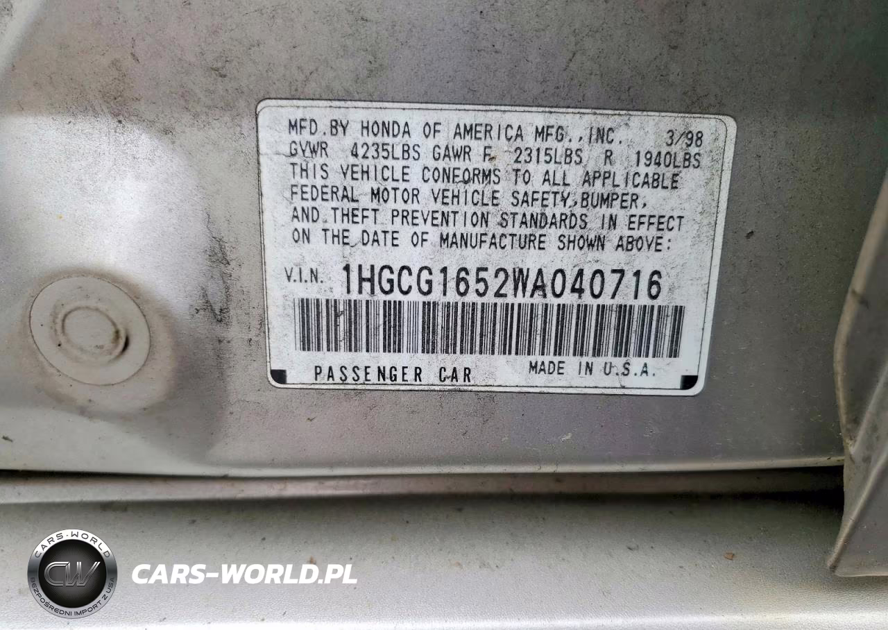 1998 Honda Accord Ex VIN:1HGCG1652WA040716 - 12