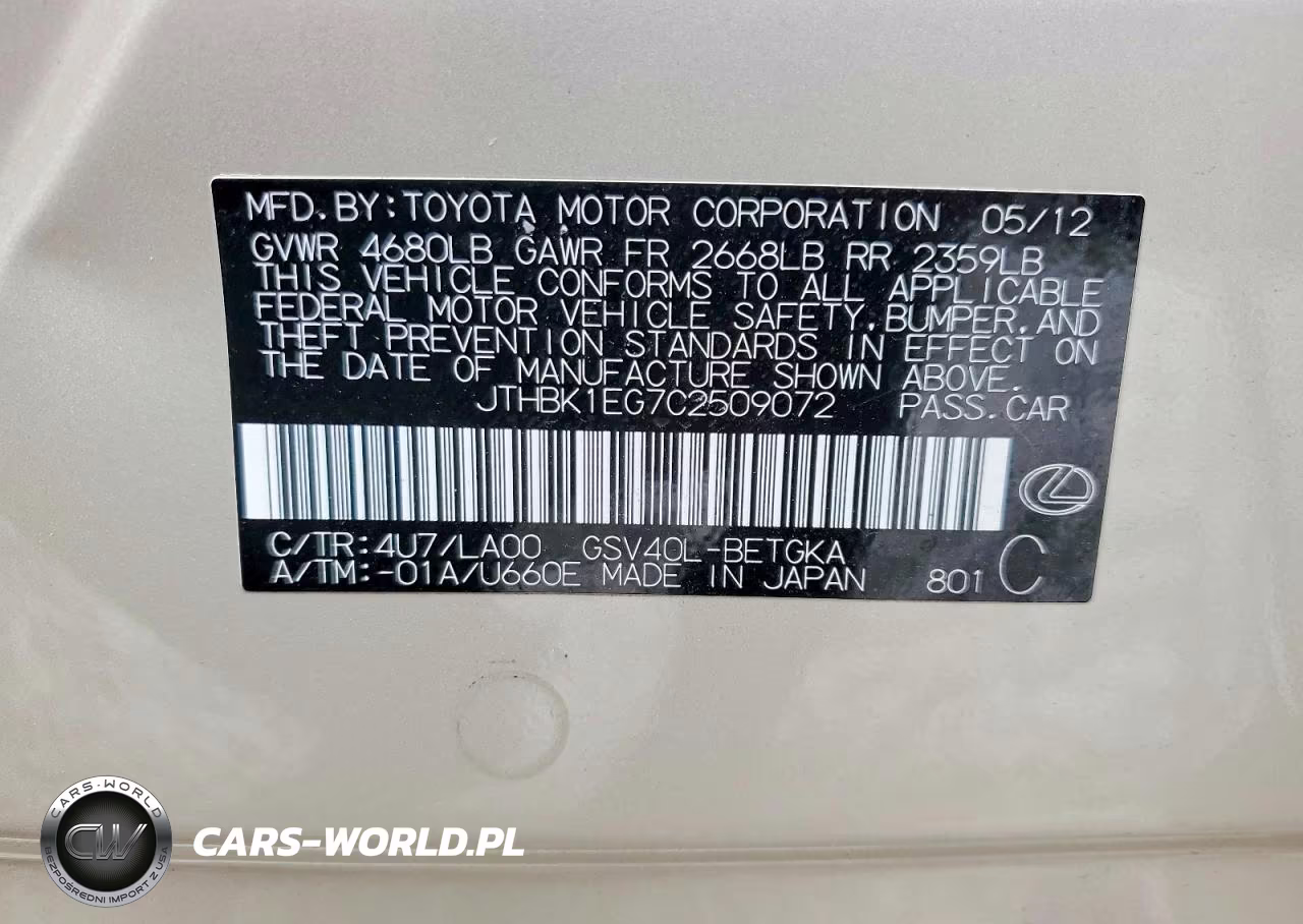 2012 Lexus Es 350 VIN:JTHBK1EG7C2509072 - 12