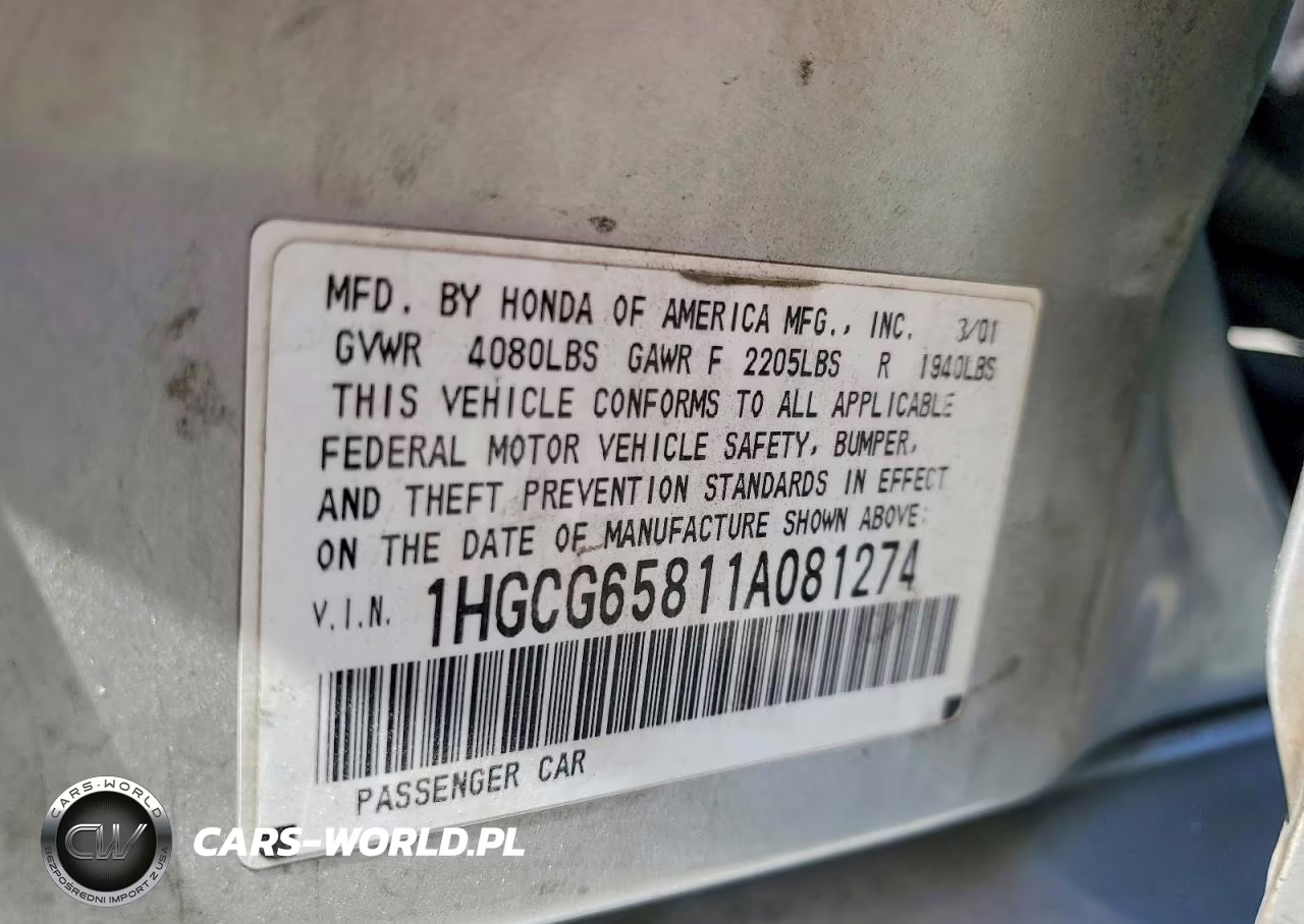 2001 Honda Accord 2.3 Ex VIN:1HGCG65811A081274 - 12
