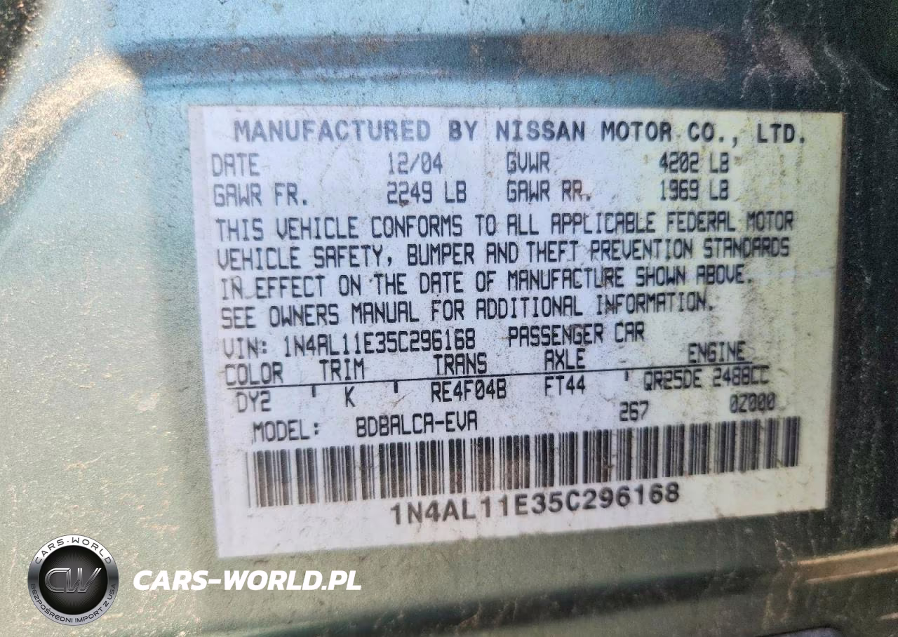 2005 Nissan Altima 2.5 VIN:1N4AL11E35C296168 - 13