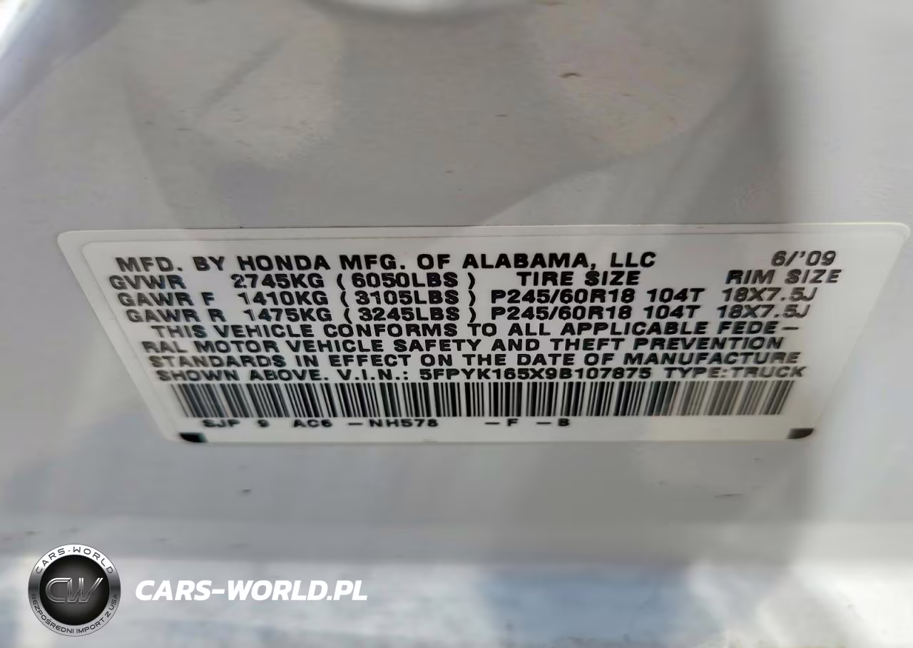 2009 Honda Ridgeline Rtl VIN:5FPYK165X9B107875 - 12