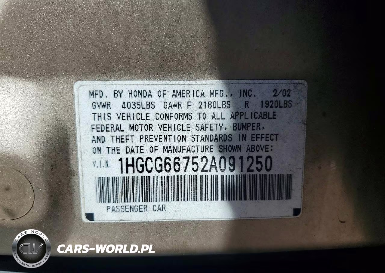 2002 Honda Accord Lx VIN:1HGCG66752A091250 - 13