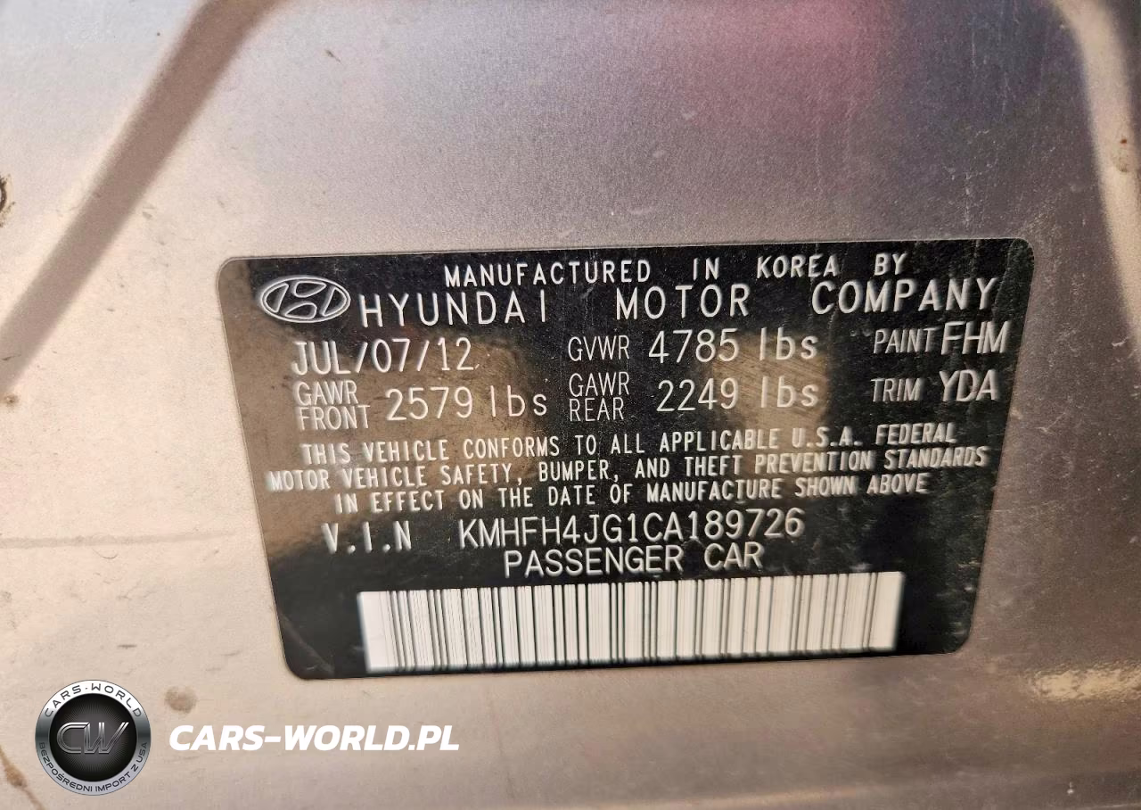 2012 Hyundai Azera Base VIN:KMHFH4JG1CA189726 - 12