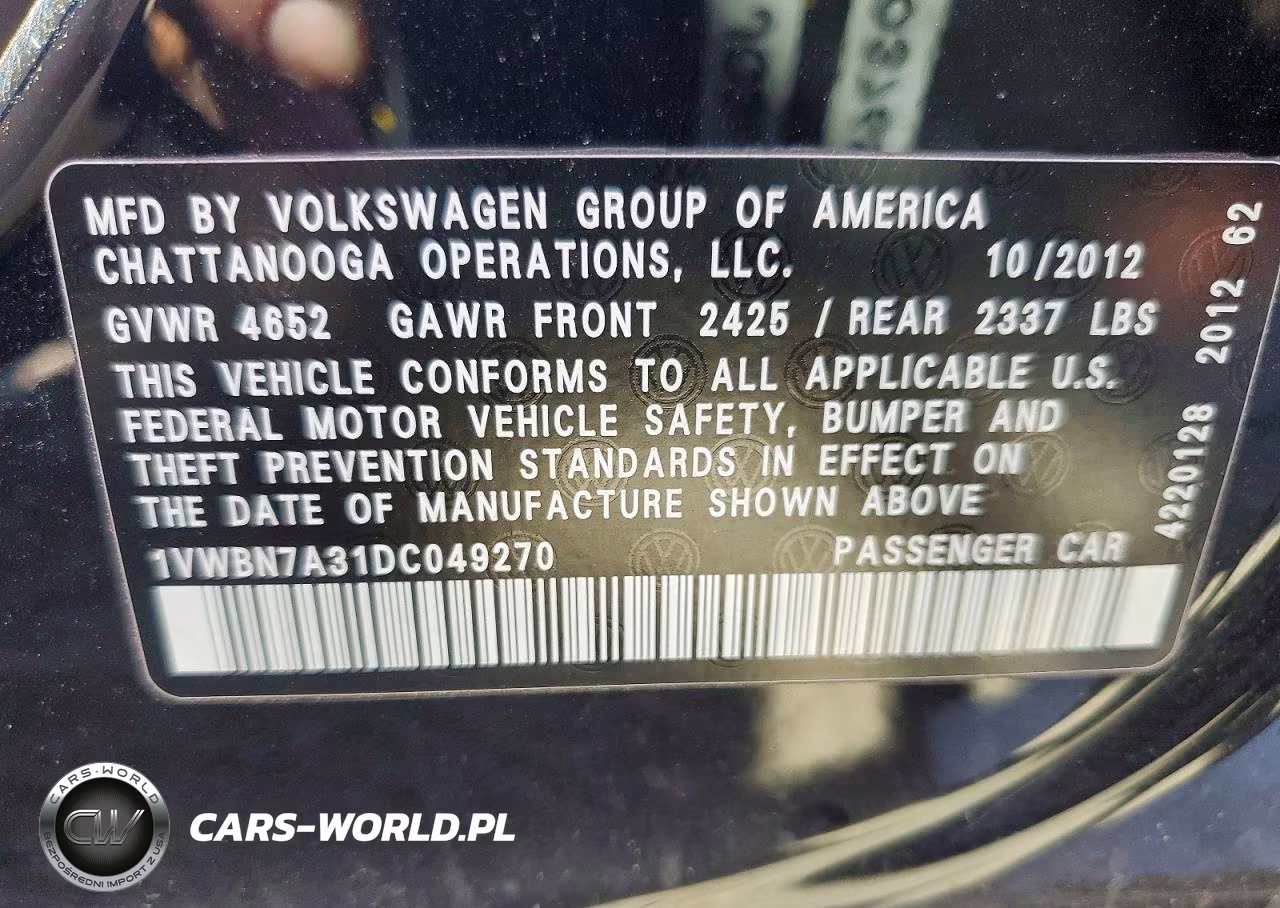 2013 Volkswagen Passat Se VIN:1VWBN7A31DC049270 - 13