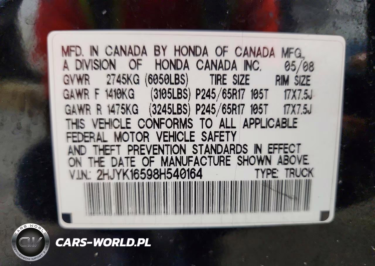2008 Honda Ridgeline Rtl VIN:2HJYK16598H540164 - 12