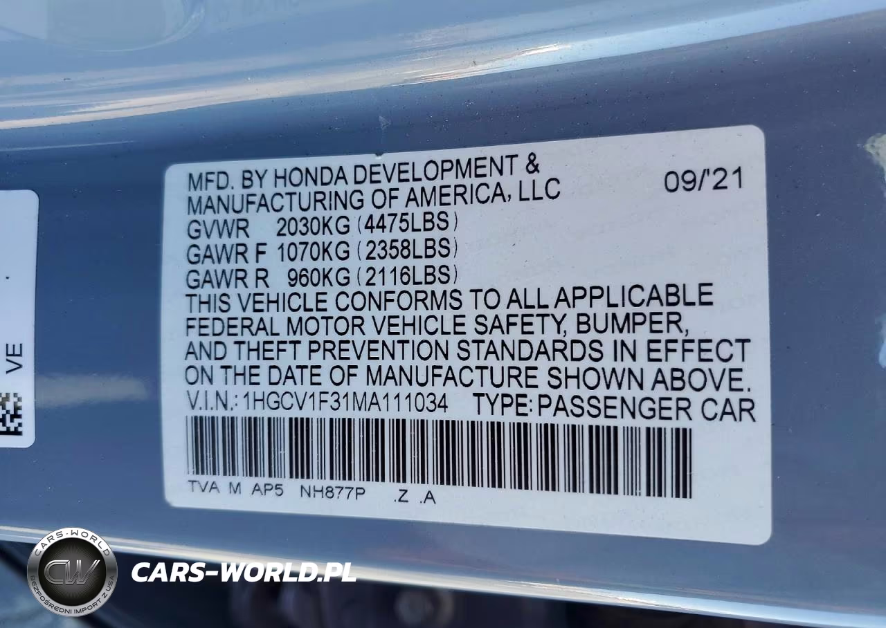 2021 Honda Accord Sport VIN:1HGCV1F31MA111034 - 11