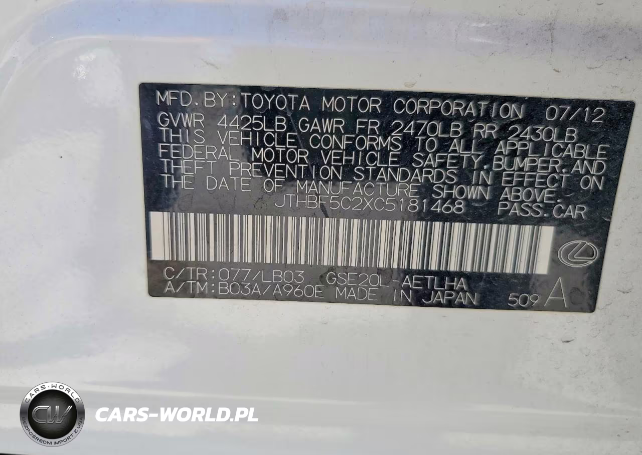 2012 Lexus Is 250 VIN:JTHBF5C2XC5181468 - 13
