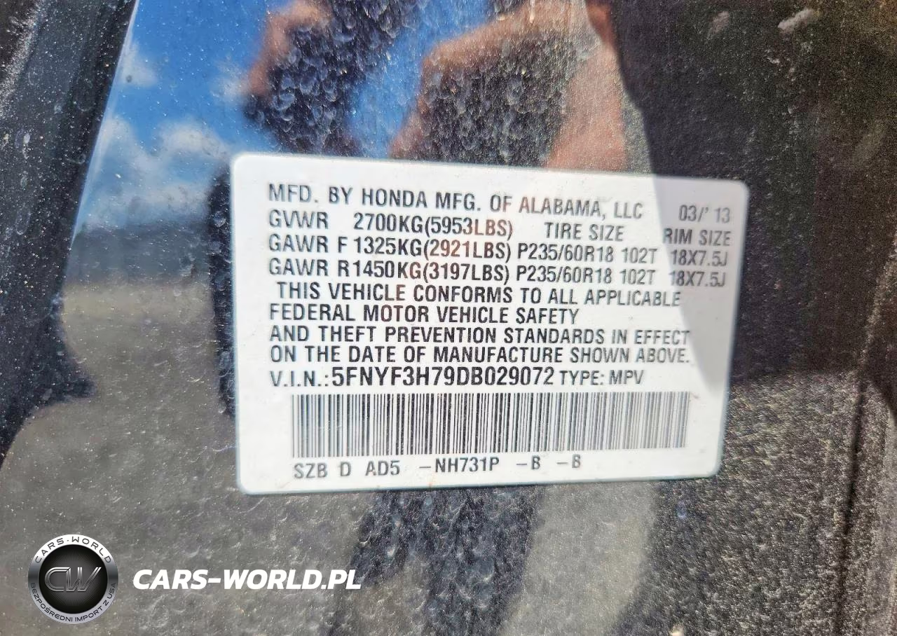 2013 Honda Pilot Exln VIN:5FNYF3H79DB029072 - 12