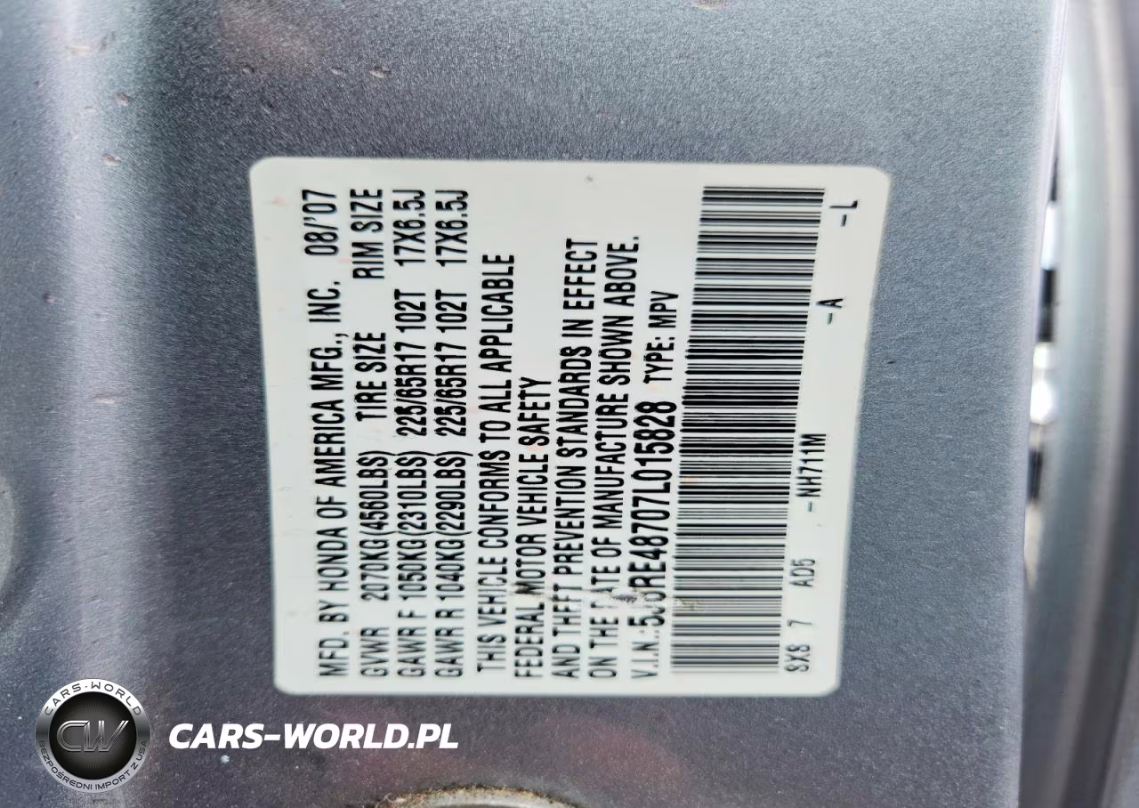 2007 Honda Cr-V Exl VIN:5J6RE48707L015828 - 13