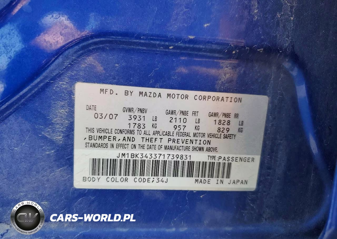 2007 Mazda 3 Hatchback VIN:JM1BK343371739831 - 12