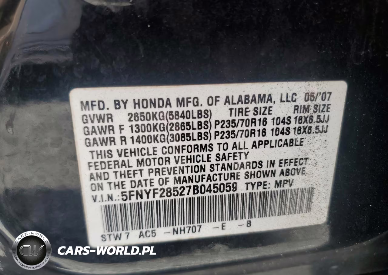 2007 Honda Pilot Ex-L VIN:5FNYF28527B045059 - 14