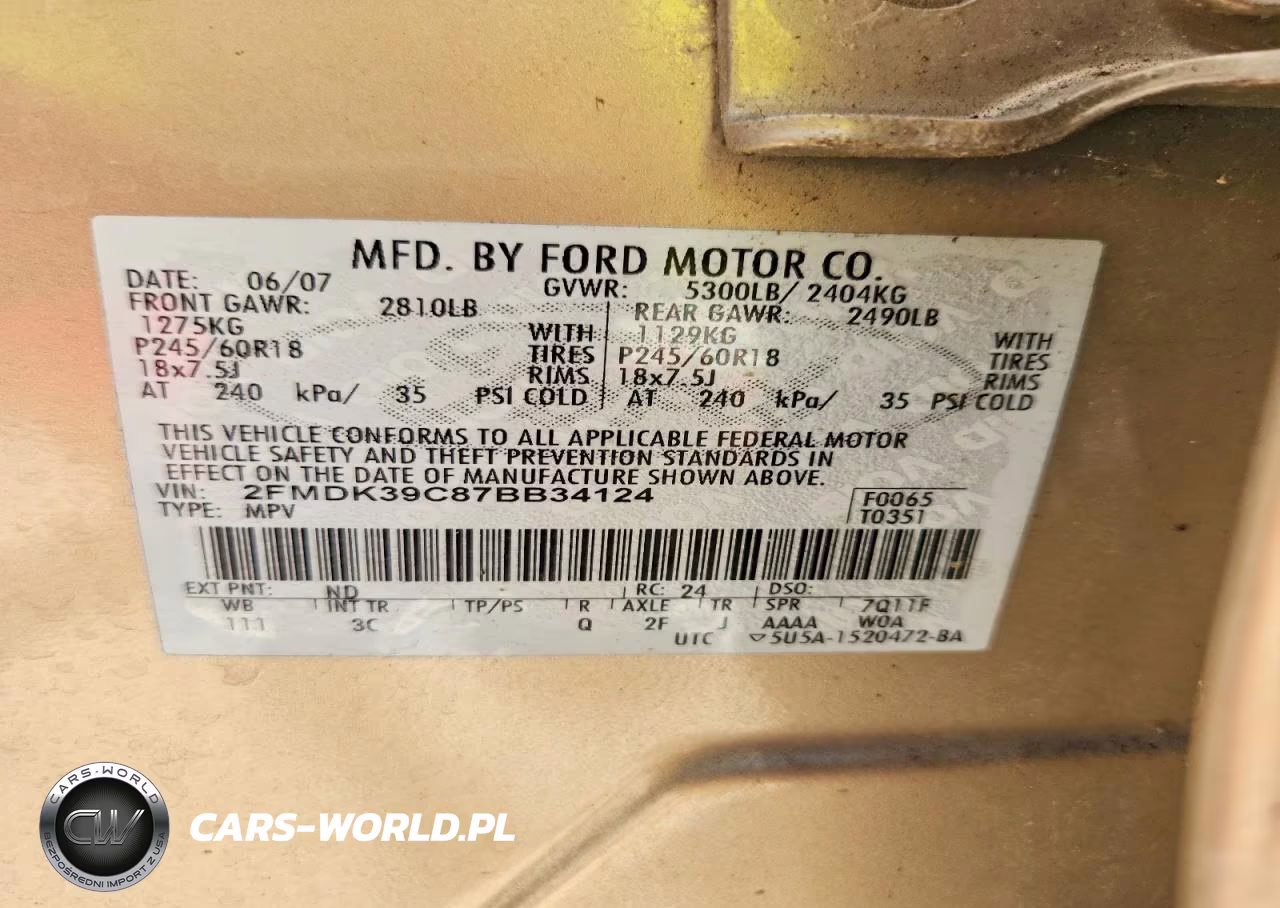 2007 Ford Edge Sel Plus VIN:2FMDK39C87BB34124 - 14