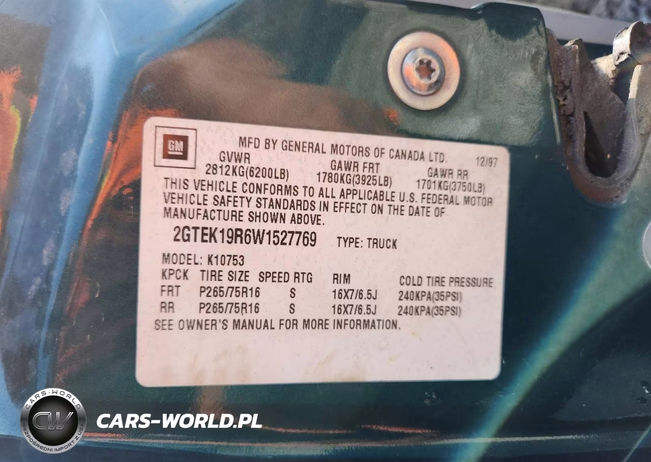 1998 GMC Sierra K1500 VIN:2GTEK19R6W1527769 - 12