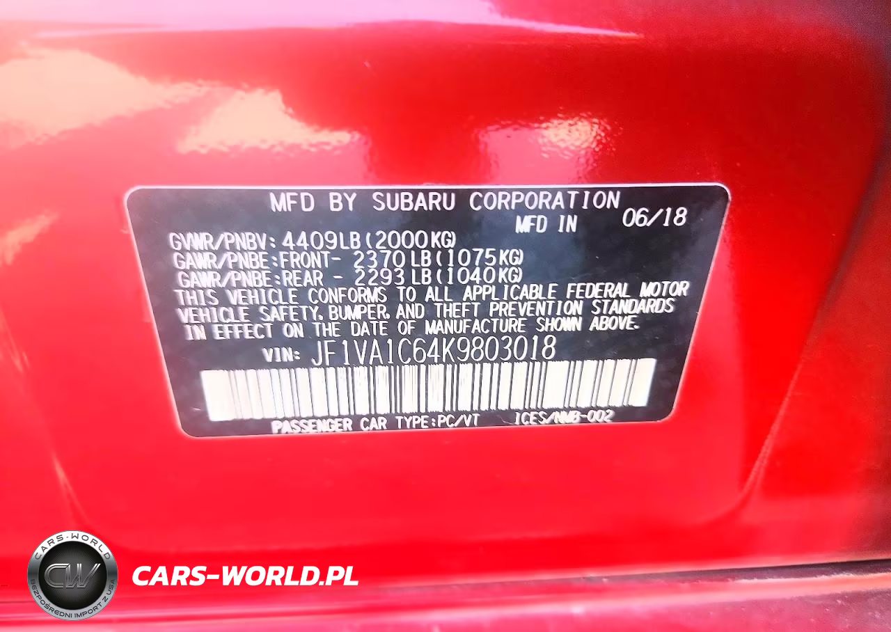 2019 Subaru Wrx Premium VIN:JF1VA1C64K9803018 - 13