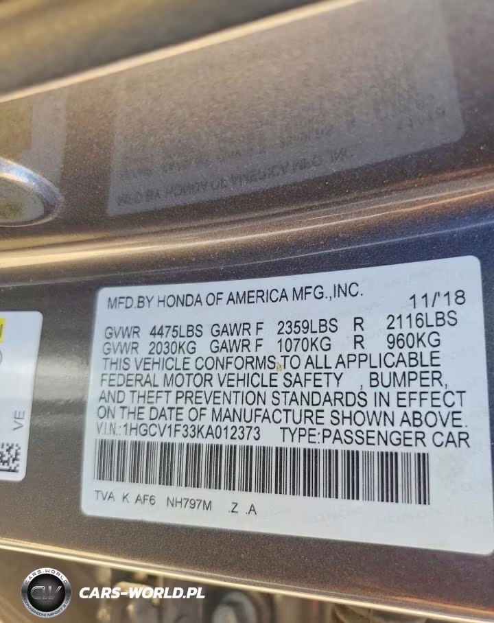 2019 Honda Accord Sport VIN:1HGCV1F33KA012373 - 12