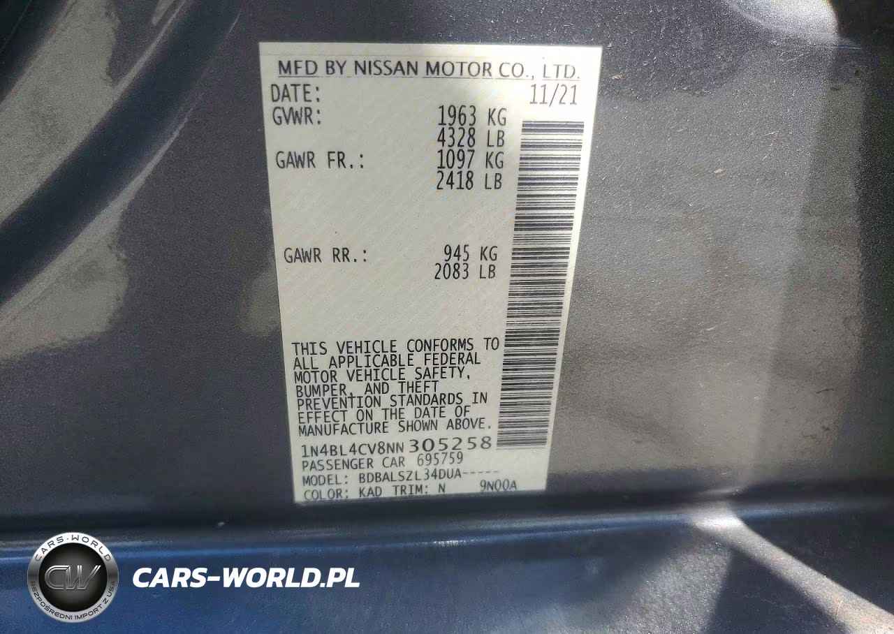 2022 Nissan Altima Sr VIN:1N4BL4CV8NN305258 - 12