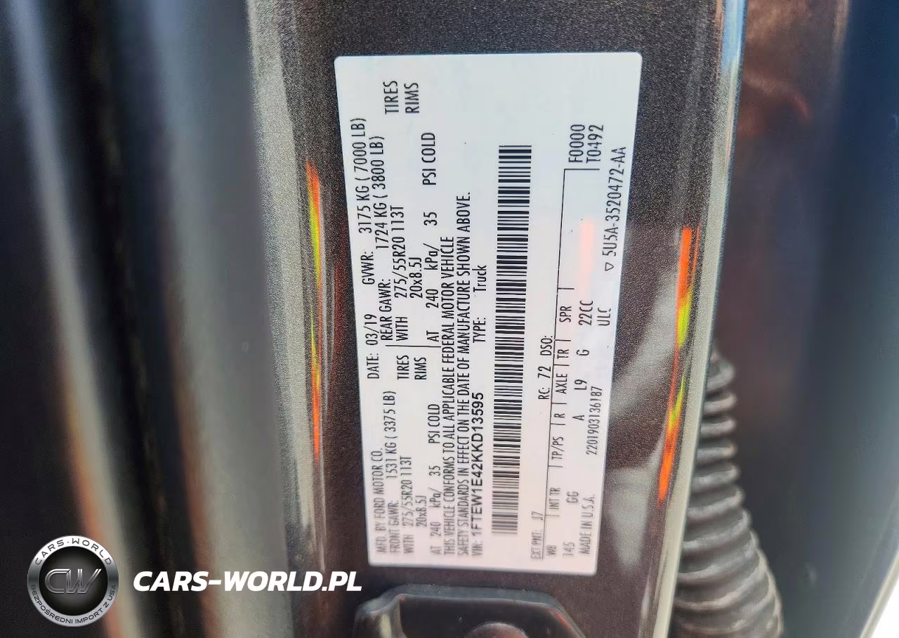 2019 Ford F150 Supercrew VIN:1FTEW1E42KKD13595 - 13