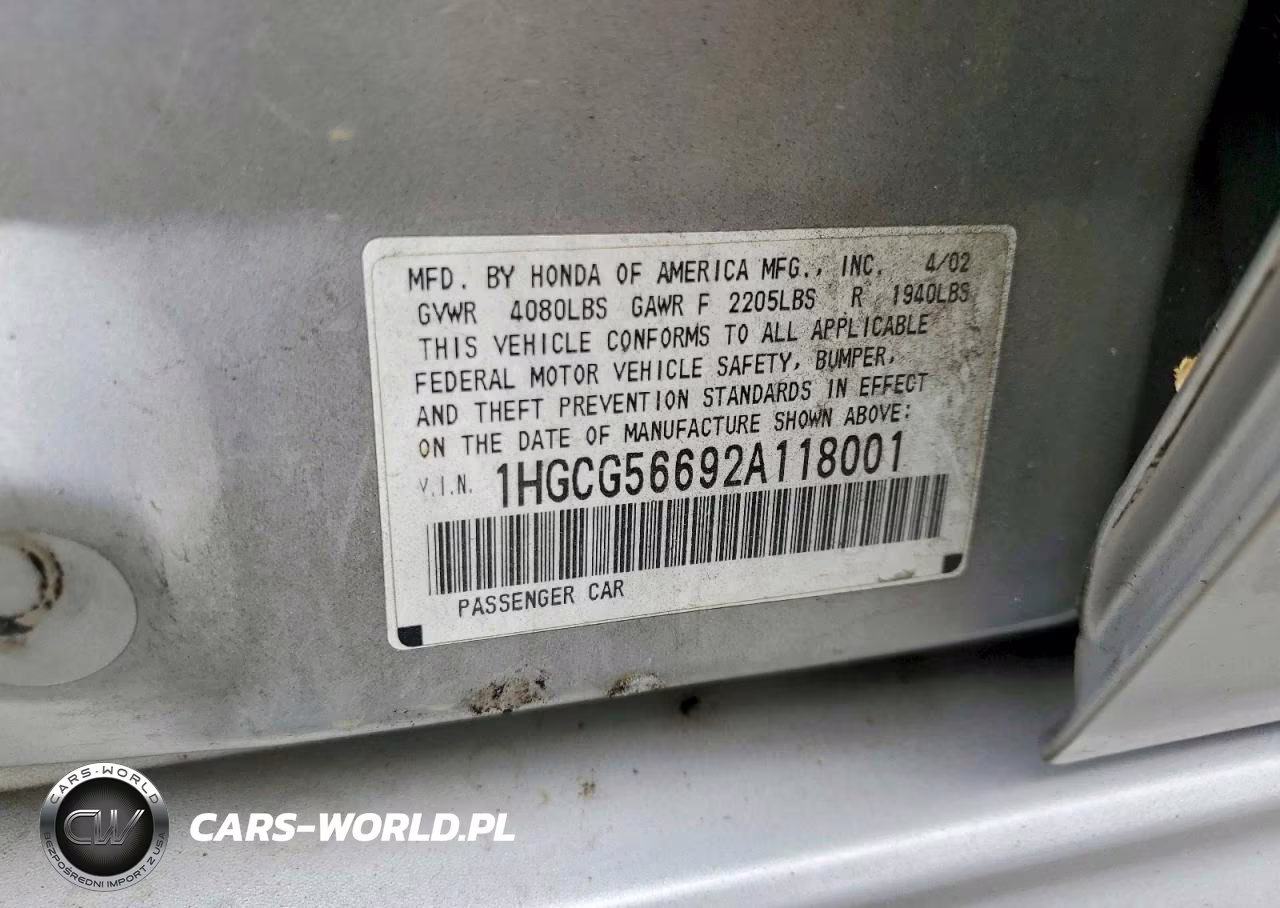 2002 Honda Accord Ex VIN:1HGCG56692A118001 - 12