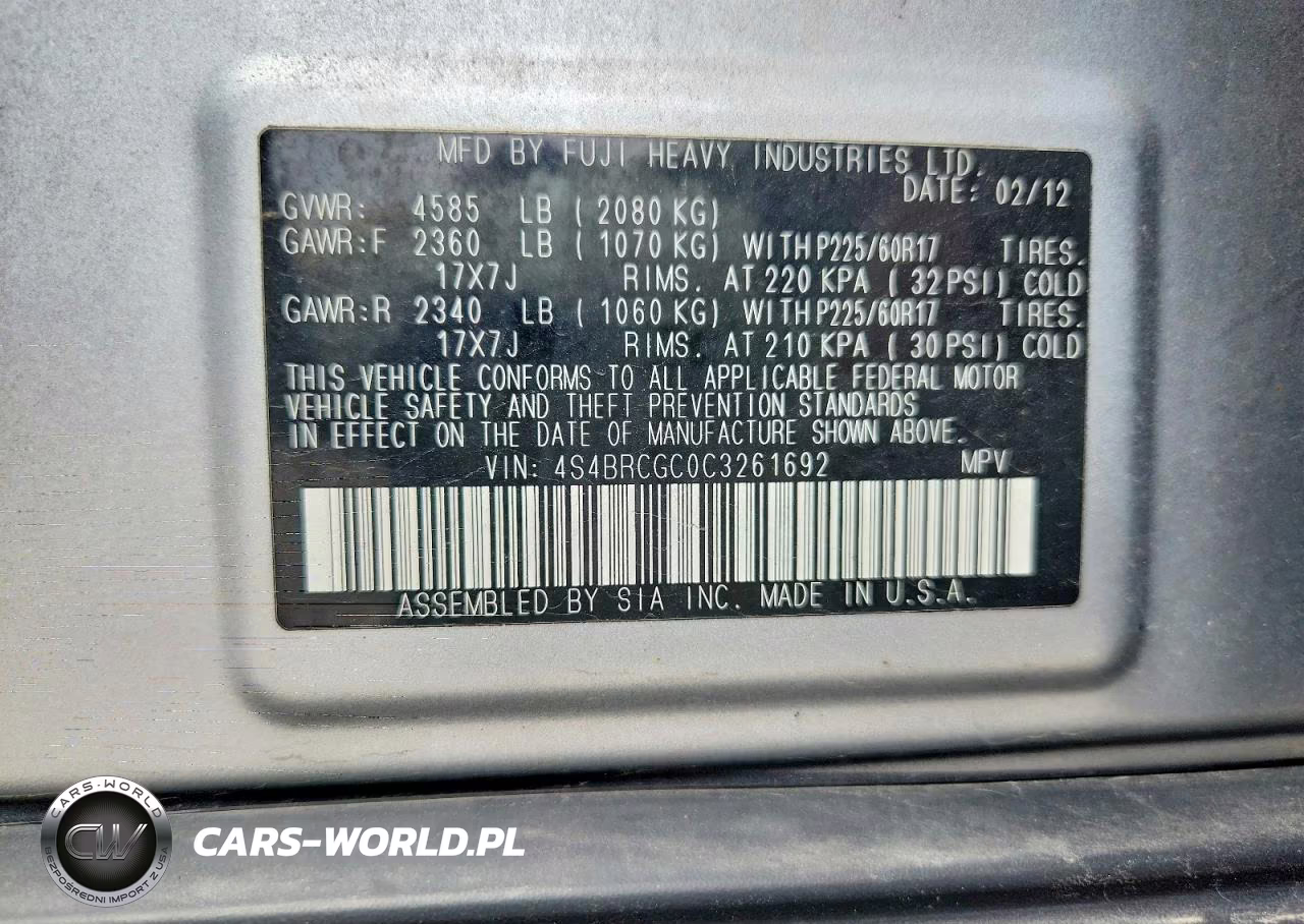 2012 Subaru Outback 2.5I Premium VIN:4S4BRCGC0C3261692 - 12