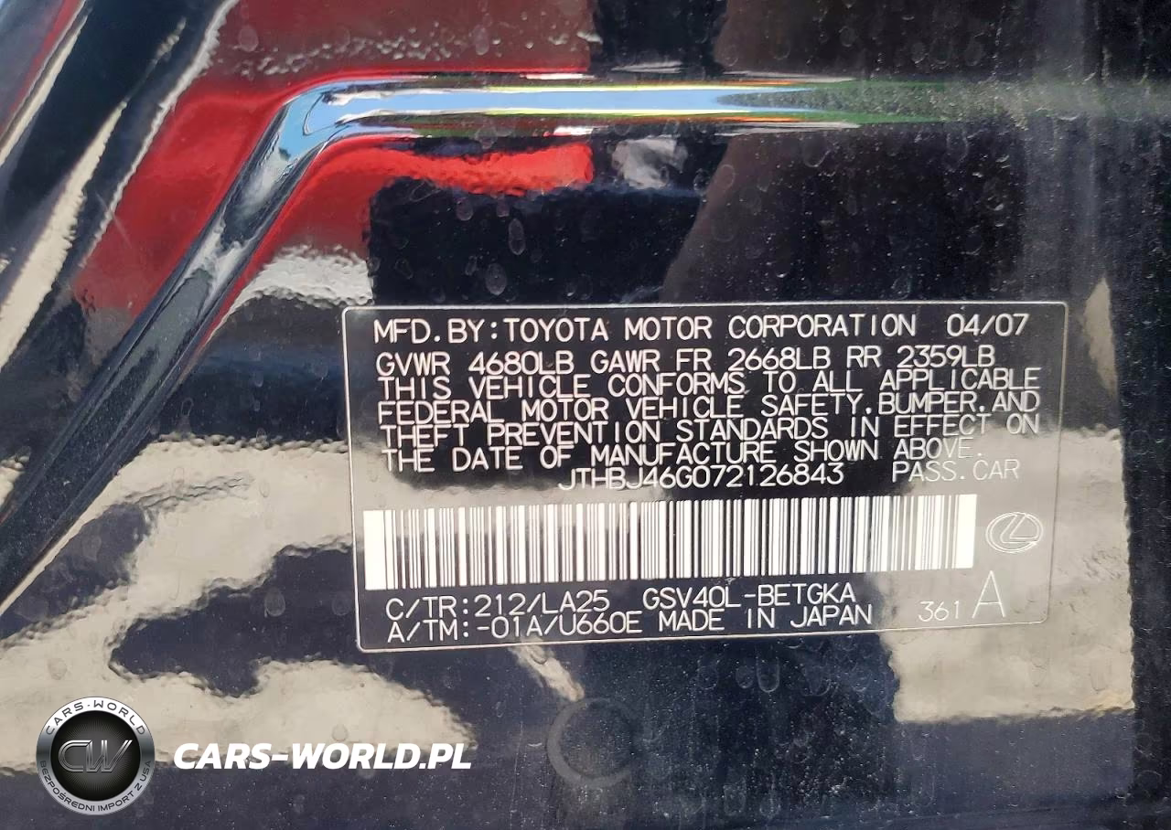 2007 Lexus Es 350 VIN:JTHBJ46G072126843 - 12